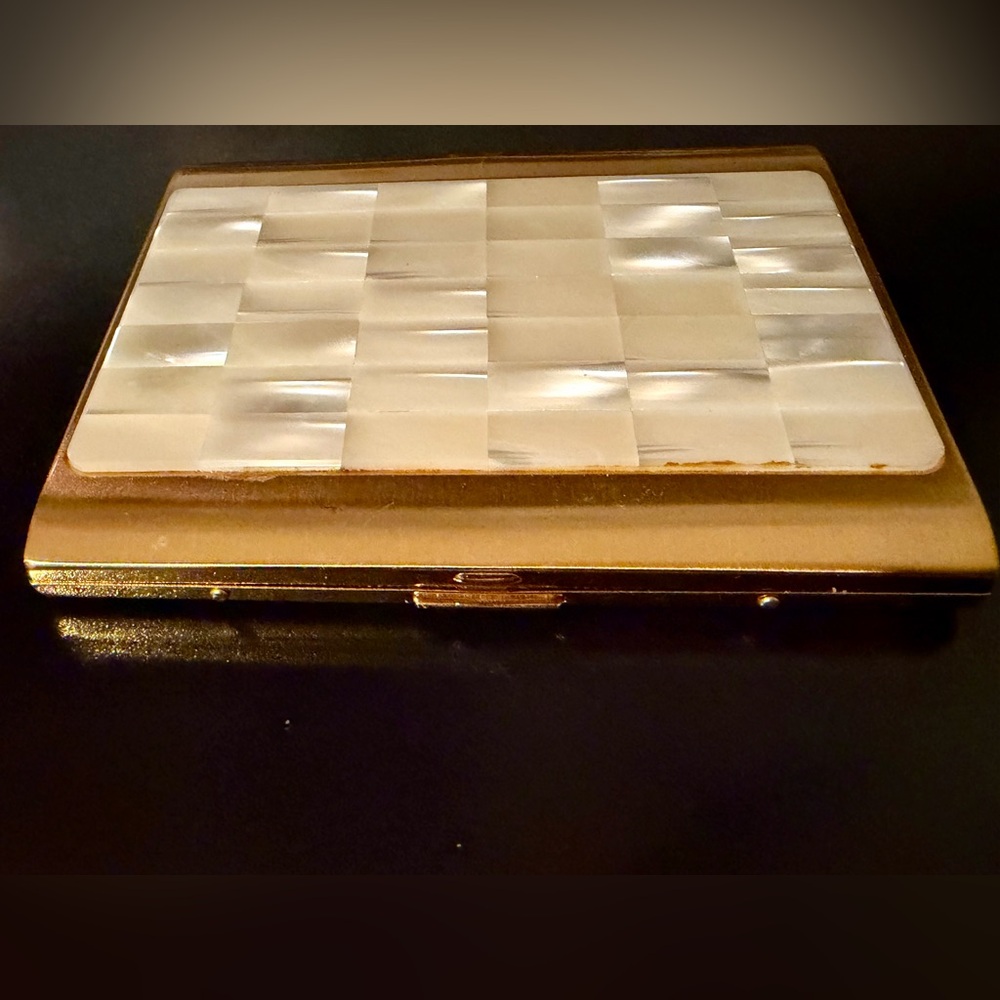 Vintage Mother-of-Pearl Tile Compact with Gold Trim- Japan